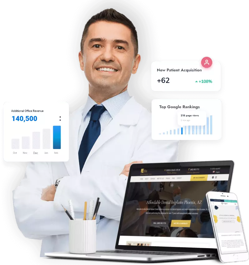 Dental Website & Marketing Illustration - Dentist Standing by Marketing Graphs